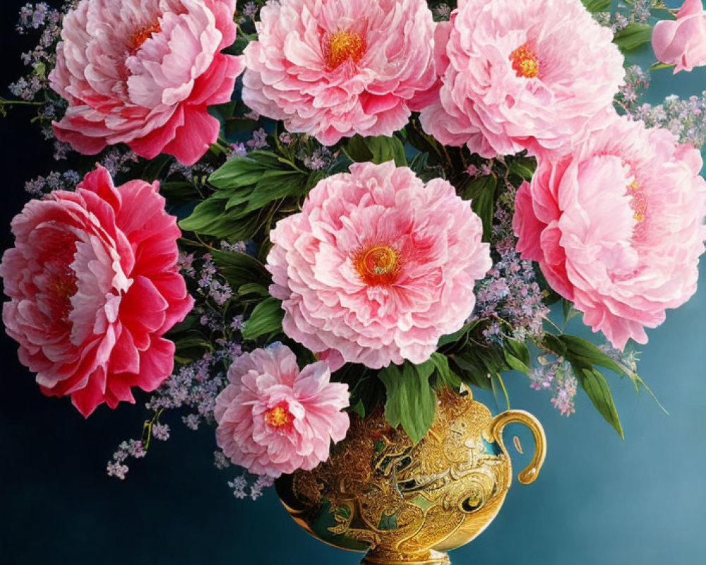 Colorful Peonies and Purple Flowers in Golden Vase on Green-Blue Background