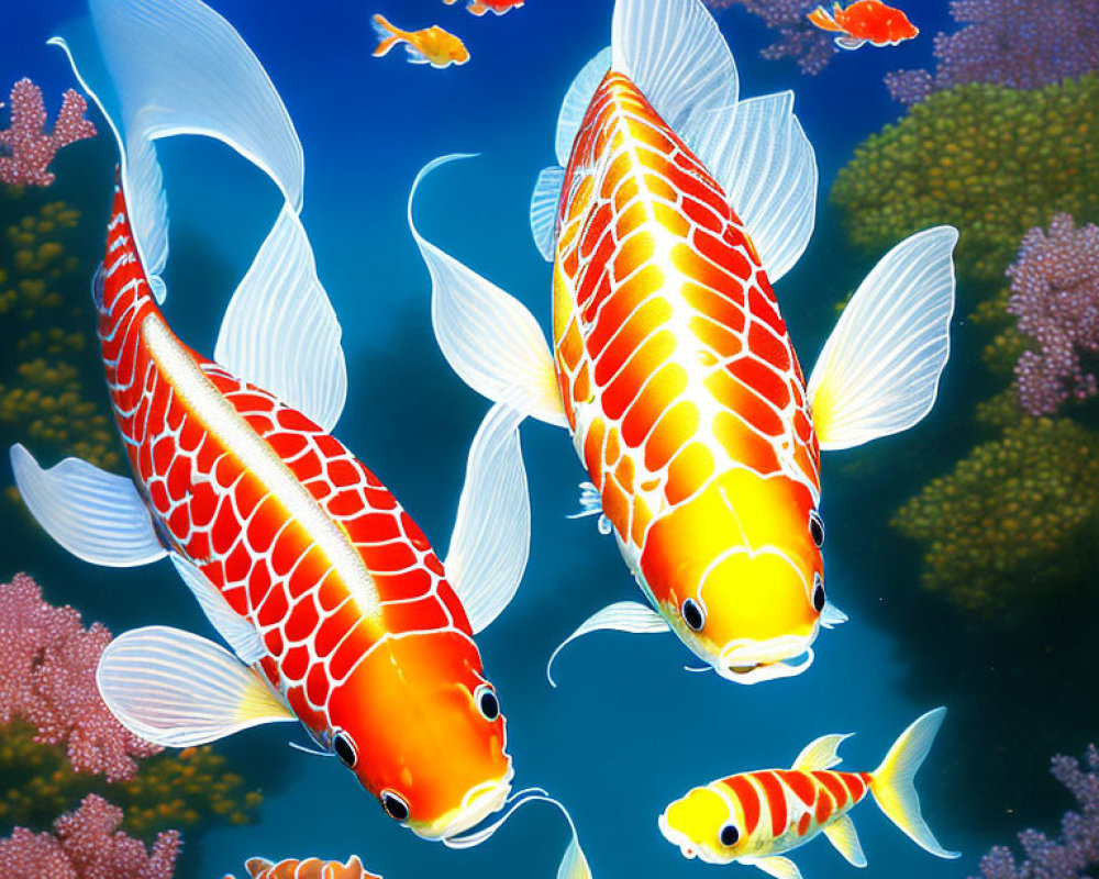 Vibrant Orange and White Koi Fish Swimming in Blue Water with Coral
