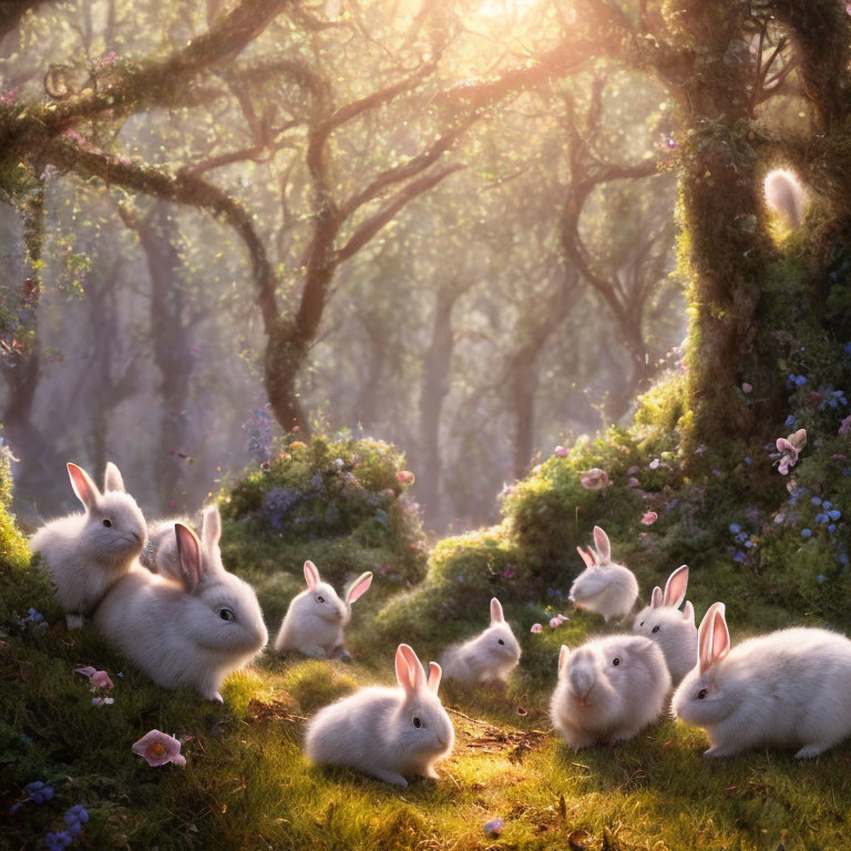 Enchanted forest with white rabbits and flowers in serene setting
