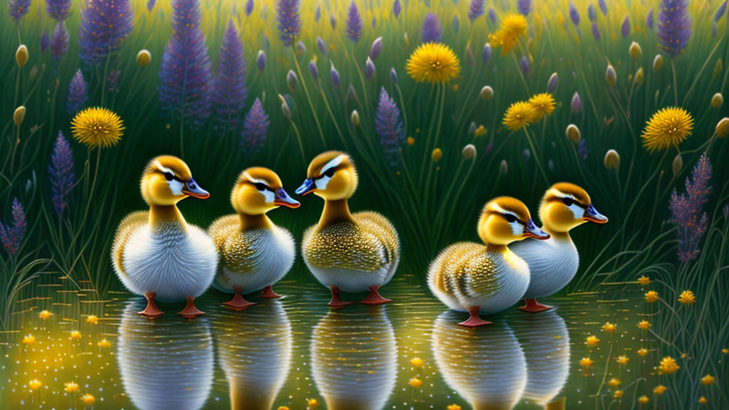 Four Cartoon Ducklings Walking in Colorful Landscape