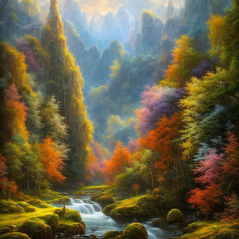 Tranquil forest stream in autumn sunlight