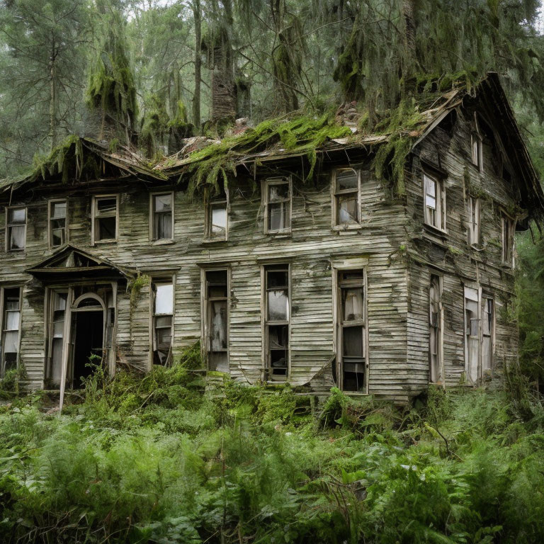 Abandoned wooden house covered in moss in dense forest
