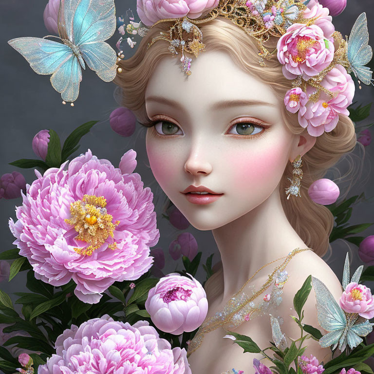 Digital portrait of young woman with pink peonies and butterflies in hair