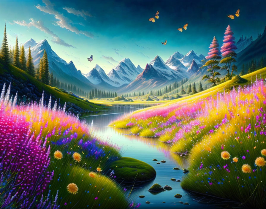 beautiful landscape: flower,river,mountain