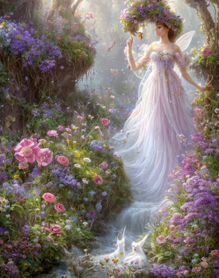 Mystical fairy in pink dress among vibrant enchanted forest with rabbits