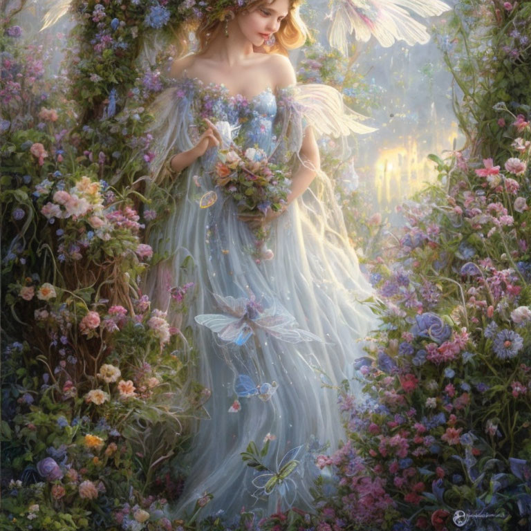 Ethereal fairy amidst lush flowers and butterflies in sunlit glade