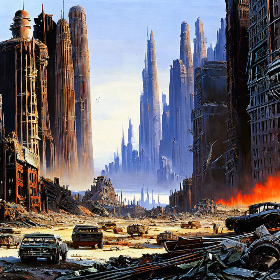 Destroyed cityscape with flames, abandoned cars, and skyscrapers