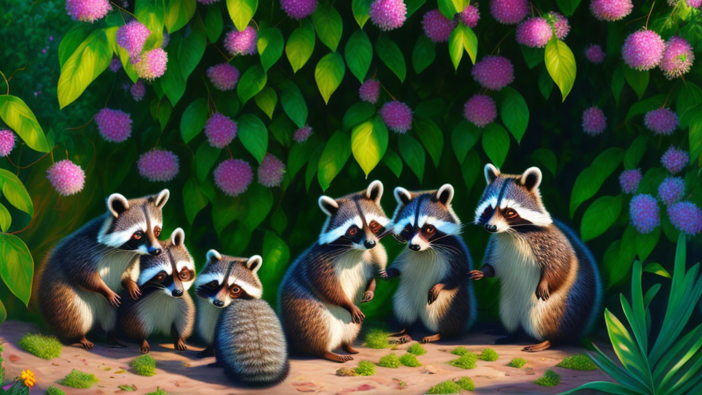 Cartoon raccoon family in front of lush greenery and flowers