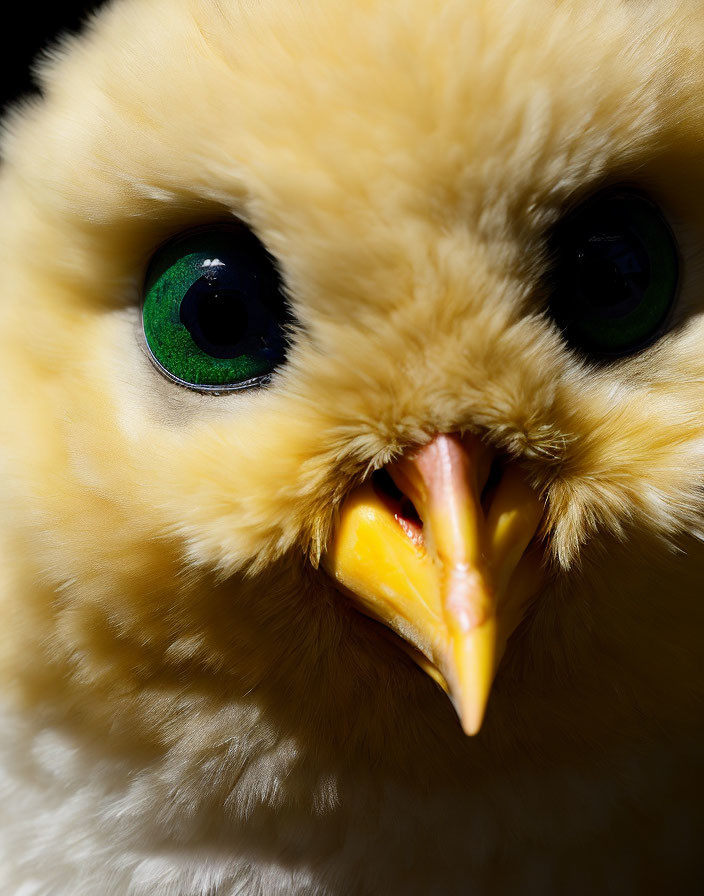Detailed Close-Up of Bird with Bright Green Eyes and Yellow Beak