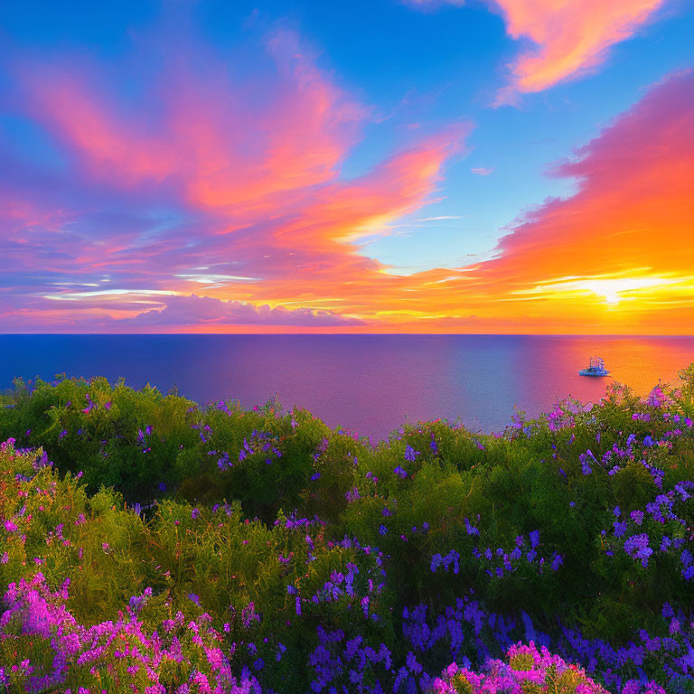 Colorful sunset sky over calm sea with ship and wildflowers.