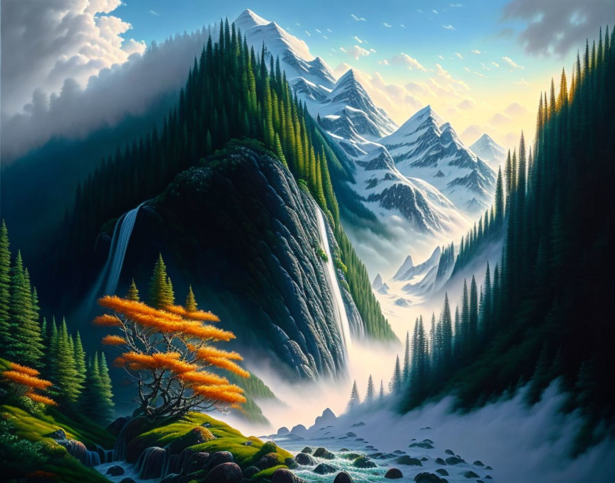Snow-capped mountains, waterfall, trees, foggy valleys, vibrant orange tree