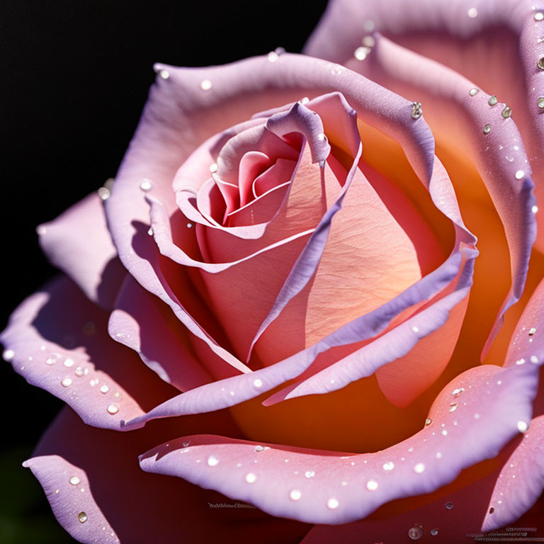 Pink rose with water droplets in sunlight on dark background