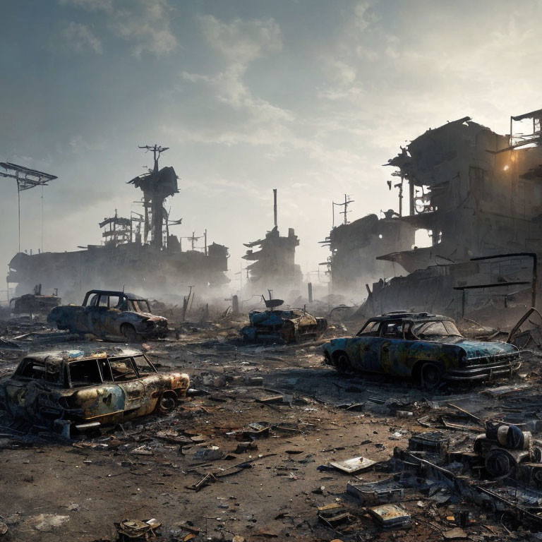 Derelict post-apocalyptic urban landscape with decaying buildings and cars