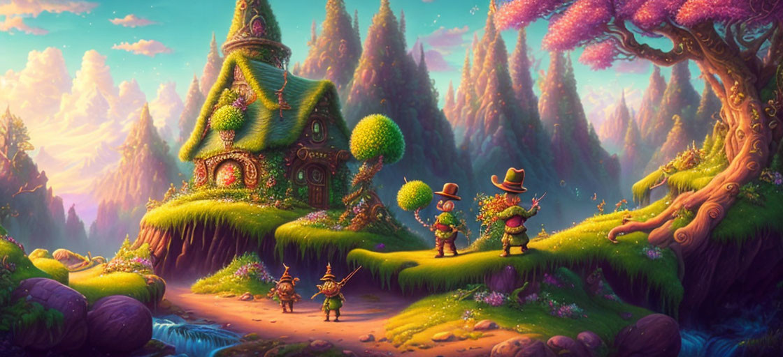 Colorful Vegetation, Whimsical Cottage, Gnomes Gardening in Fantasy Landscape