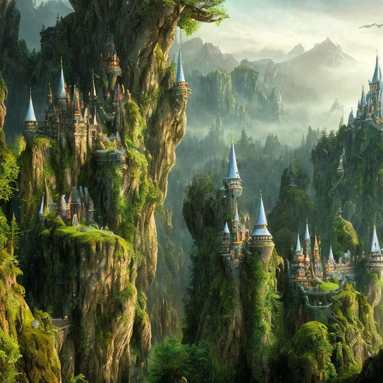 Fantasy landscape with green cliffs, castles, forests, and misty mountains