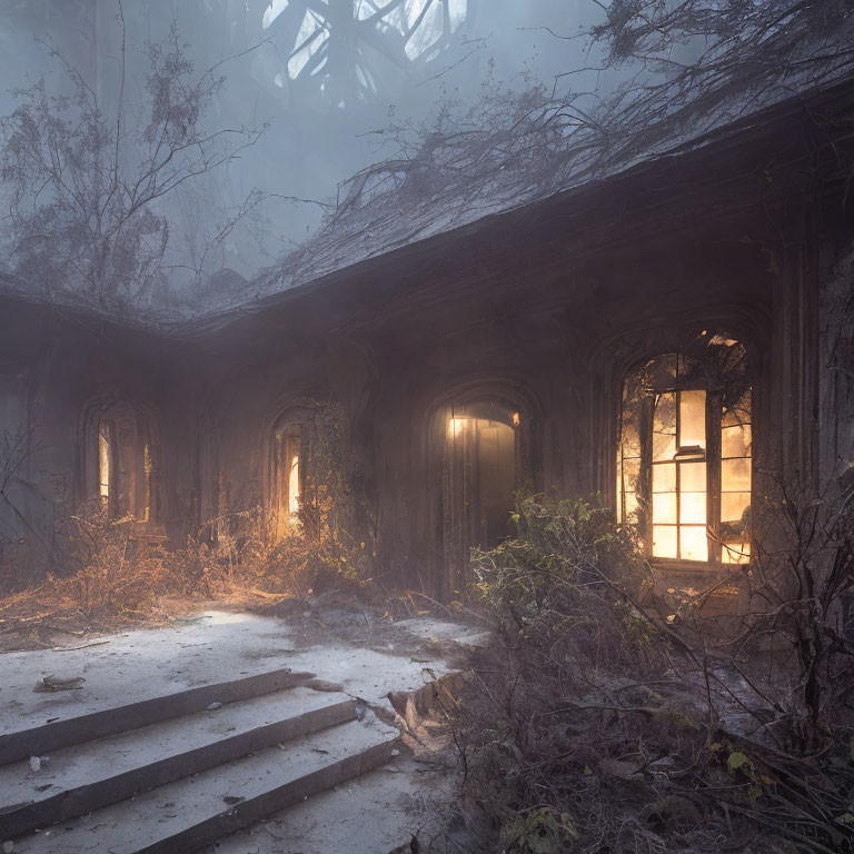 Abandoned Building Interior with Overgrown Plants and Eerie Light
