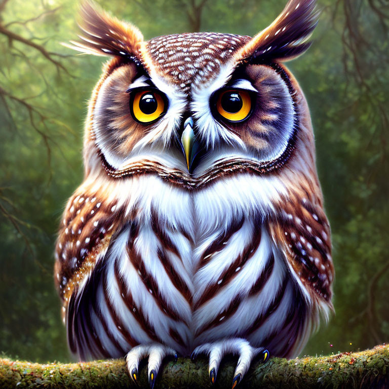 Detailed digital image: Owl with luminous yellow eyes, intricate feathers, on branch in misty forest