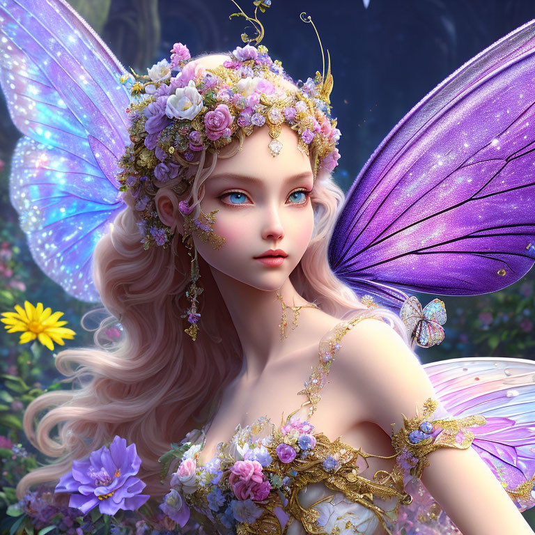 Fantasy fairy digital artwork with floral headpiece and purple wings