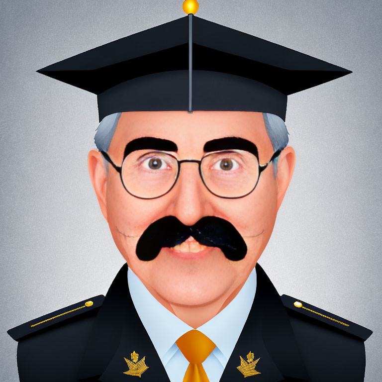 Person depicted in caricature with graduation cap, round glasses, bushy mustache, and military-style