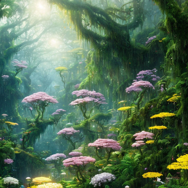 Lush Enchanted Forest with Sunlight and Vibrant Flowers