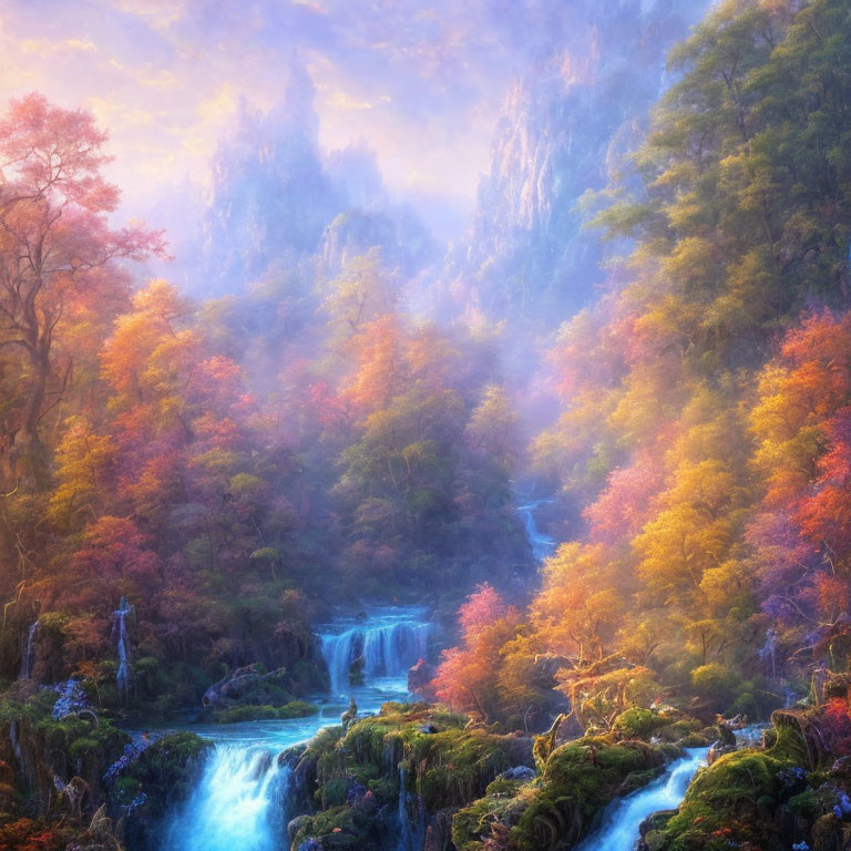 Ethereal autumn landscape with waterfalls and colorful foliage