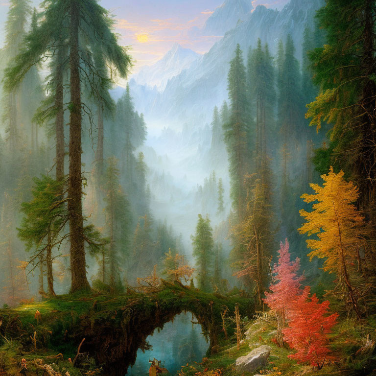 Serene autumn forest with pond, misty mountains, and colorful foliage