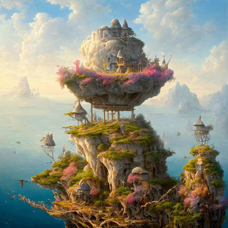 Fantastical floating island with houses and lush trees above ocean with sailing ships.