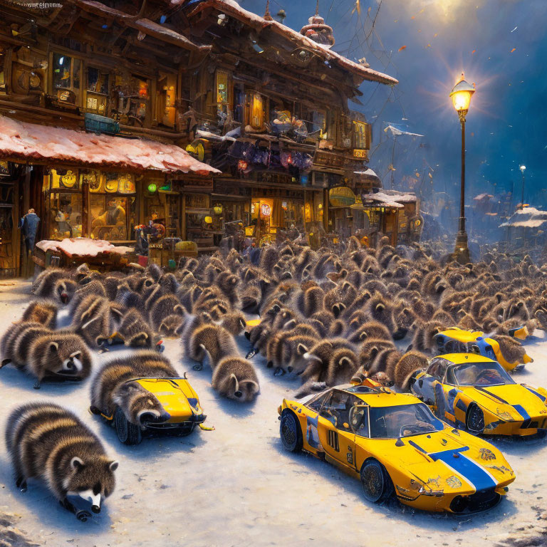 Snowy street with raccoons and sports cars outside rustic building