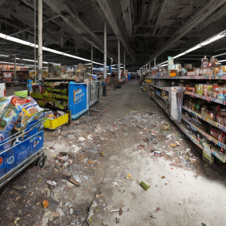 Empty shelves, debris, and neglected carts in abandoned supermarket