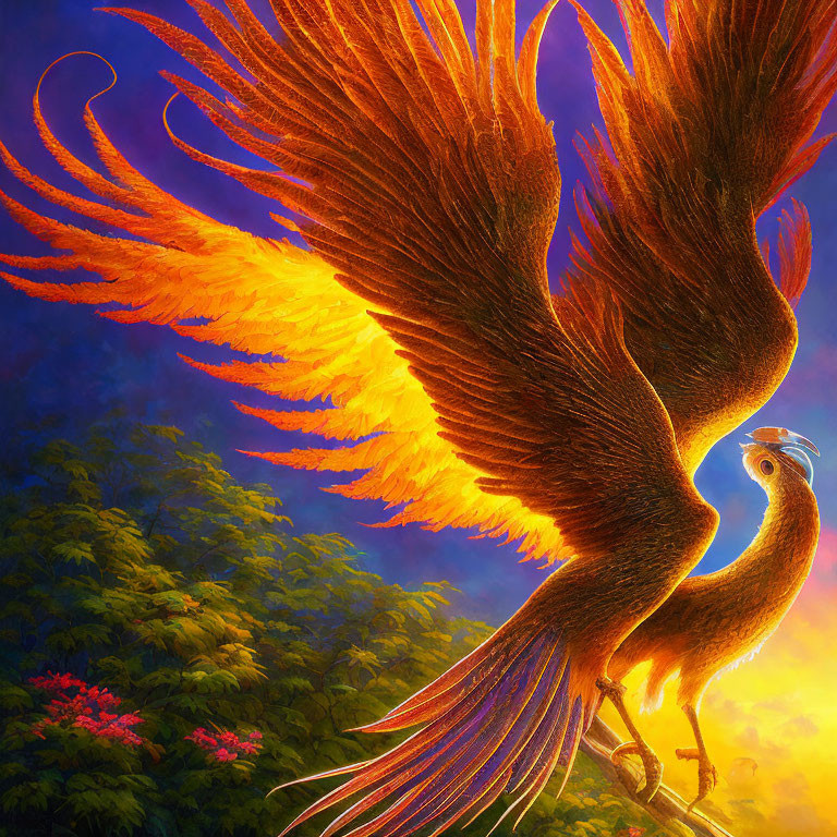 Colorful Phoenix Illustration with Fiery Wings in Twilight Forest