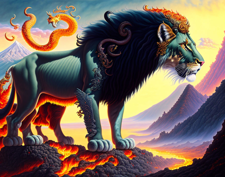 Majestic lion with ornate mane on fiery volcanic landscape
