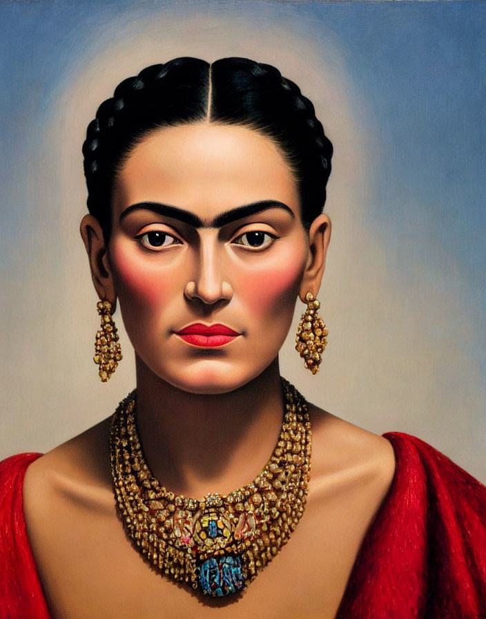 Portrait of a woman with unibrow, braided hair, gold earrings, red garment, orn