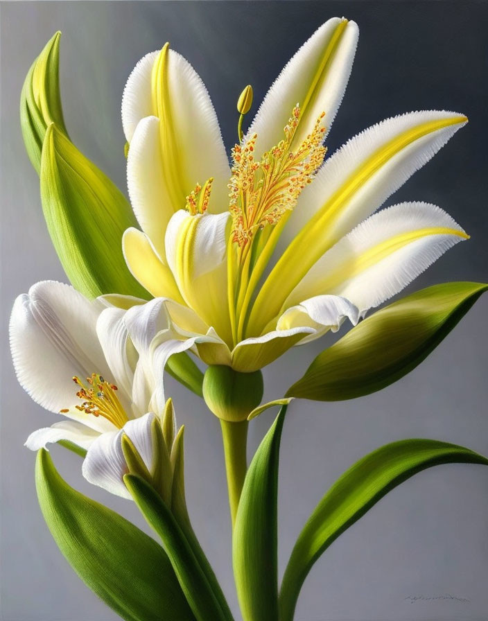 Detailed Painting of Blooming White Lily on Grey Background