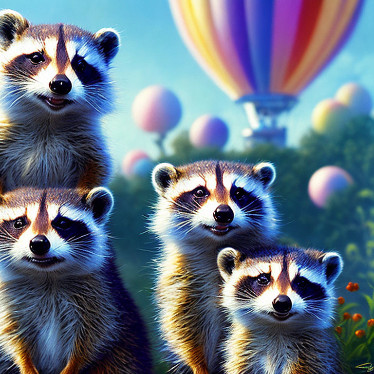 Four curious raccoons with hot air balloons in sunny sky