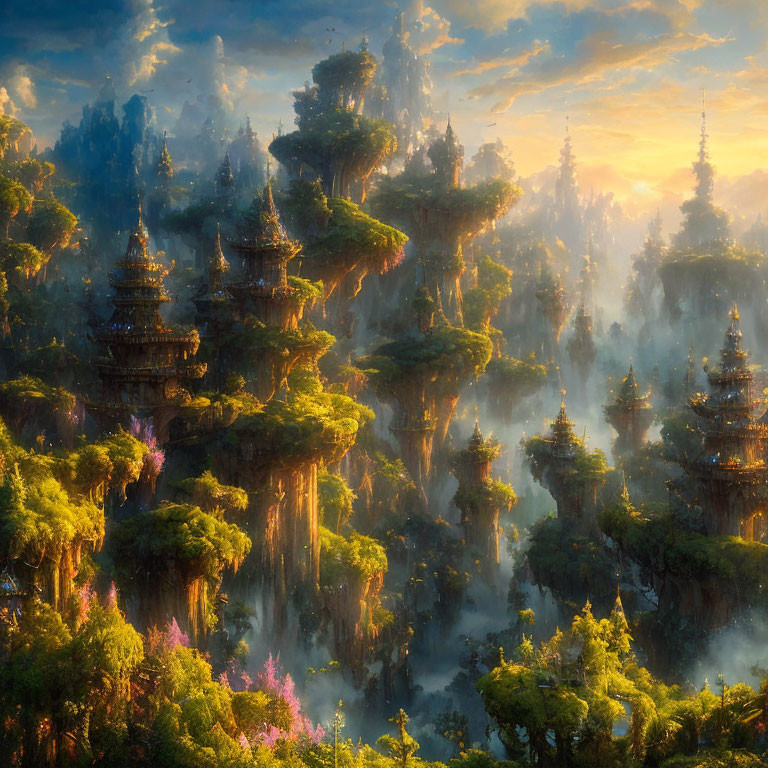 Fantasy landscape with floating pagoda-style islands in golden sunlight.