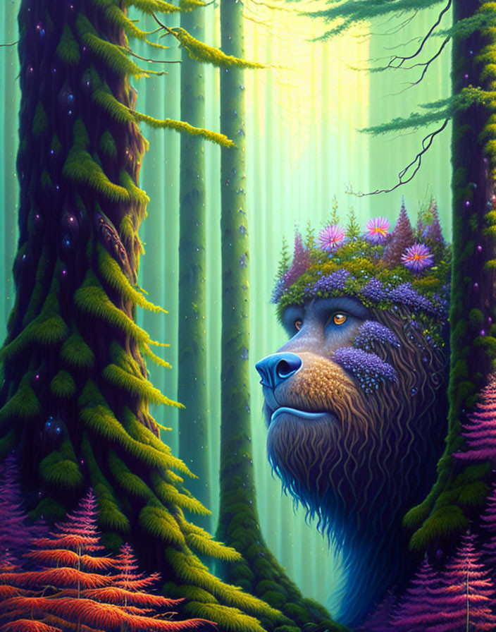 Mystical bear with forest landscape fur in enchanting woodland scene
