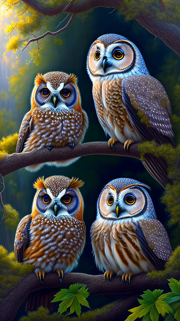Colorful Owls Perched on Branches in Mystical Forest