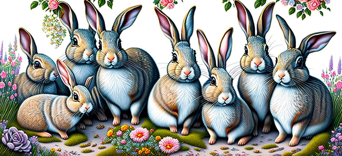 a happy family of rabbits