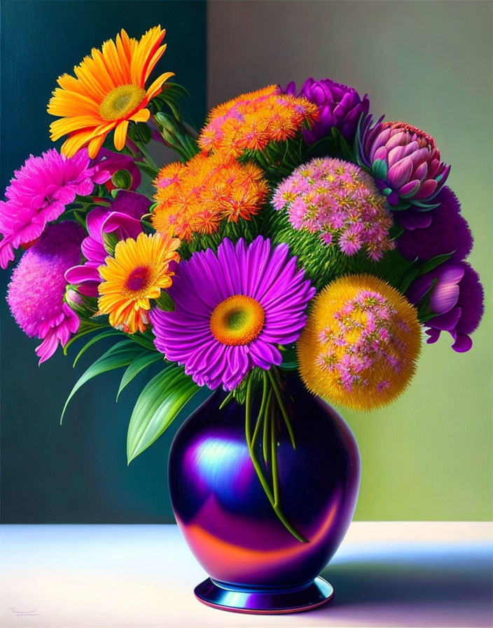 Colorful Flower Bouquet in Blue Vase on Contrasting Background