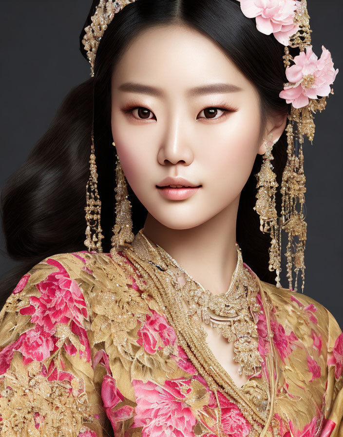 Traditional attire woman with gold and pink floral patterns and intricate jewelry
