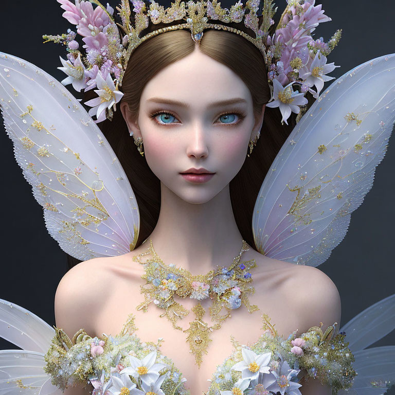 Digital artwork: Fairy with blue eyes, floral crown, and golden-accented translucent wings.