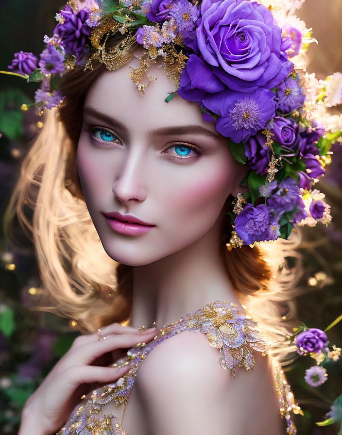 Portrait of Woman with Striking Blue Eyes and Floral Headpiece