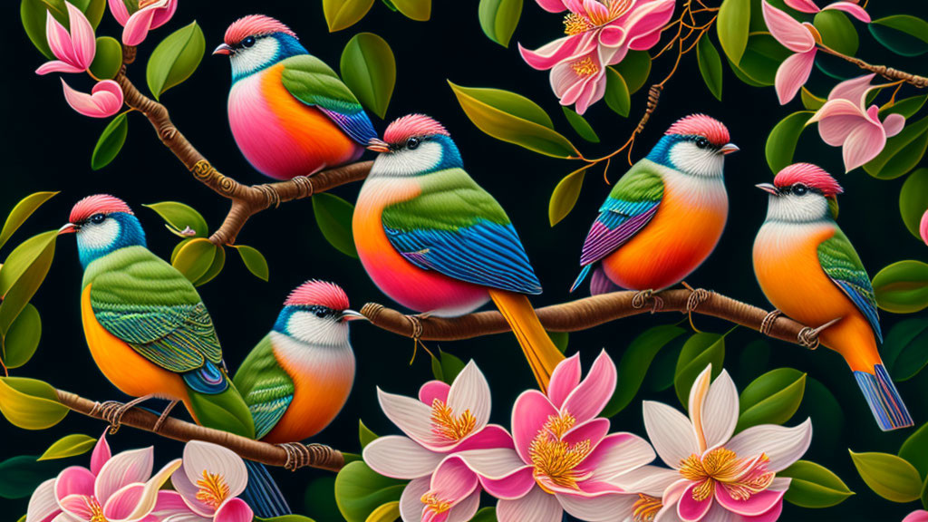 Vibrant Bird Illustration Among Blooming Flowers on Dark Background