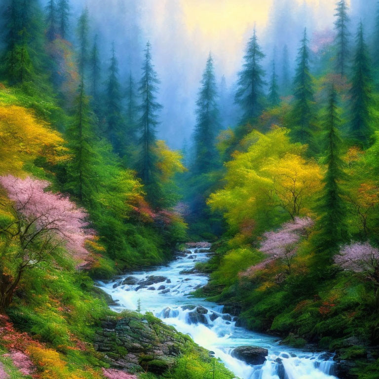 Tranquil stream in vibrant forest with pink blossoms and green pines