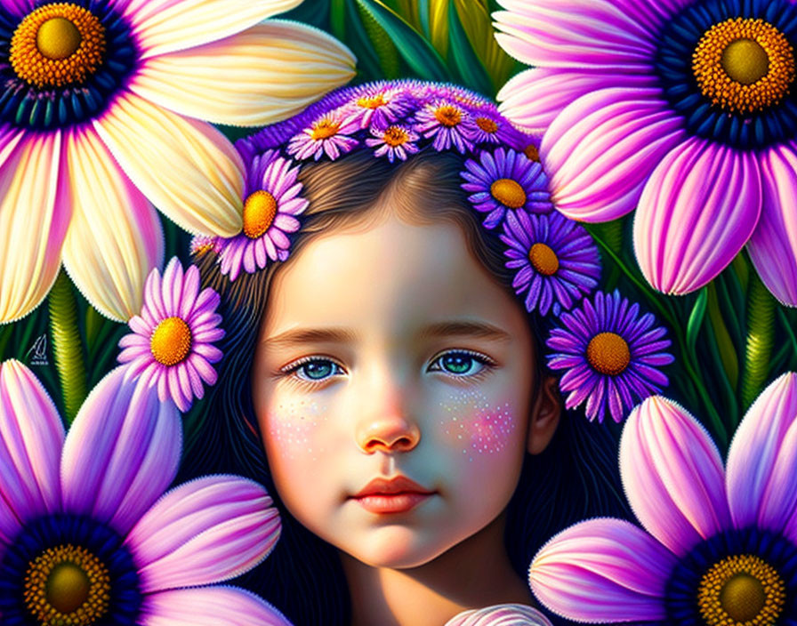 Young girl in vibrant purple and yellow flower surroundings