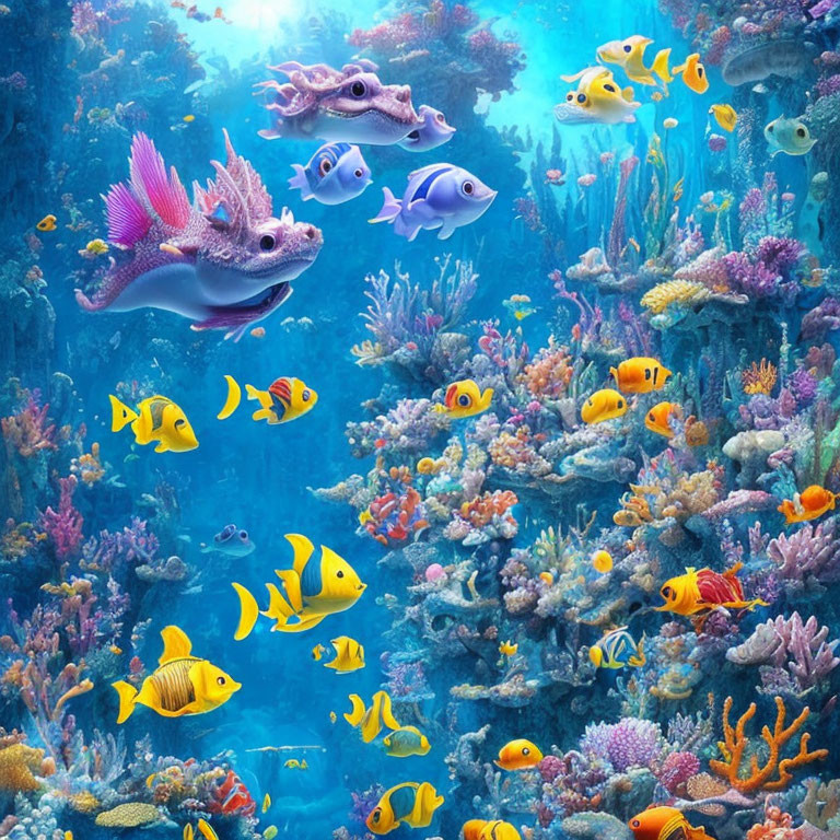 Colorful fish and coral reefs in vibrant underwater scene