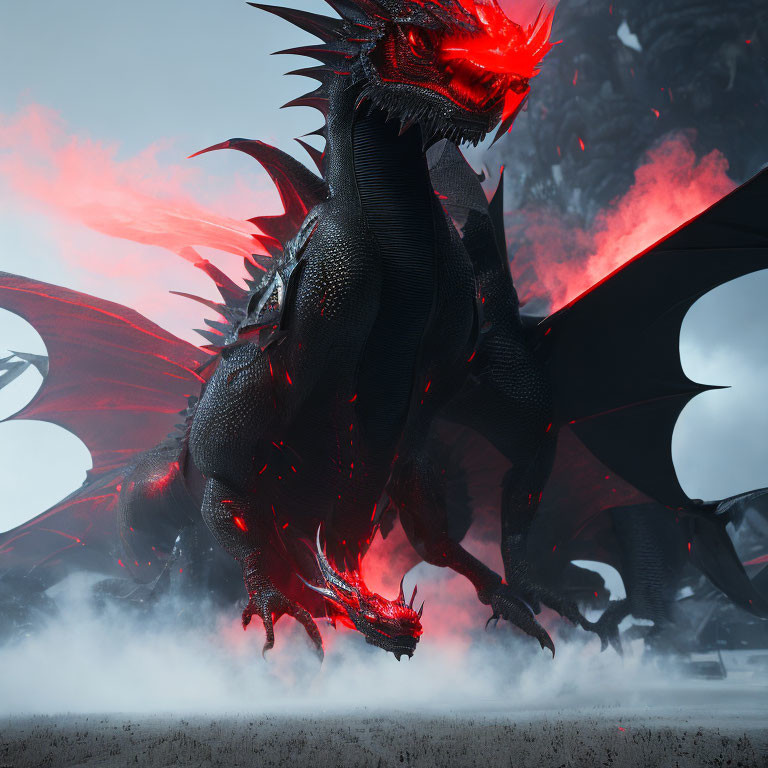 Black dragon with red eyes and fiery details in a smoky setting