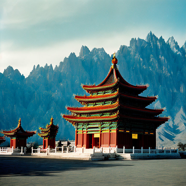 Traditional Chinese Pagoda Temple with Multi-tiered Roofs and Mountain Backdrop
