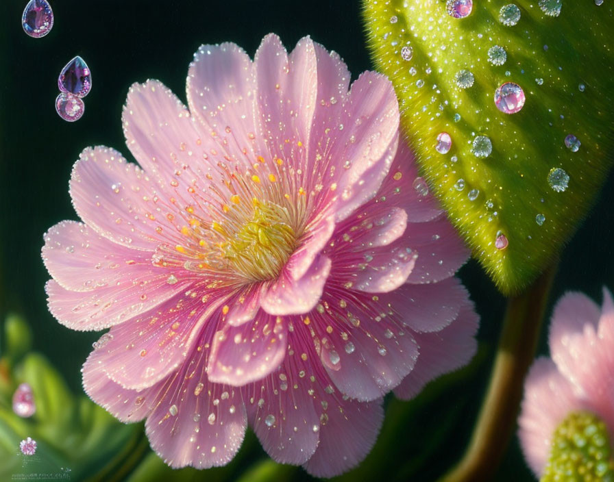 Pink flower with dew drops and green leaf on soft-focus background