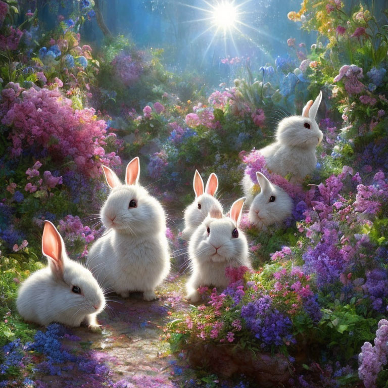 Fluffy white rabbits in vibrant purple and pink garden scene